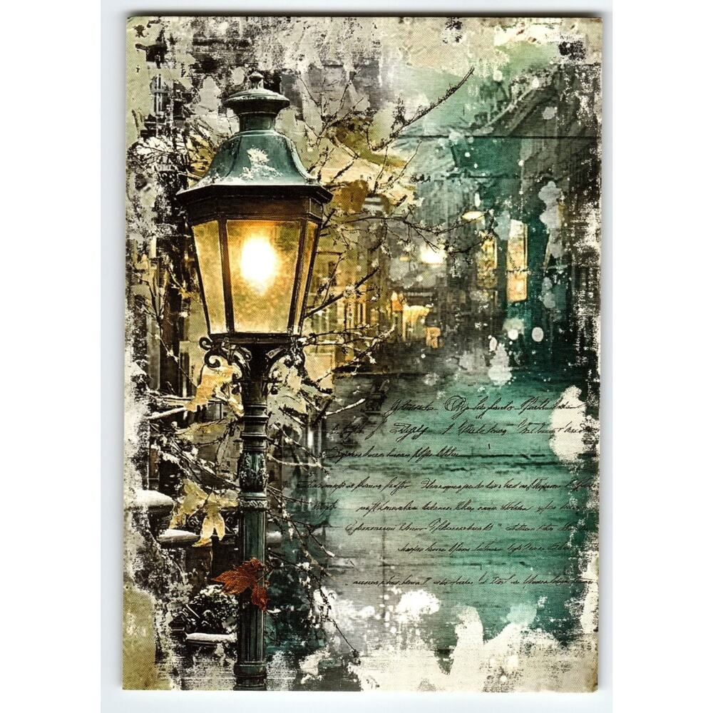Vintage Christmas Lithograph Postcard Glowing Street Lamp 5.5x4"